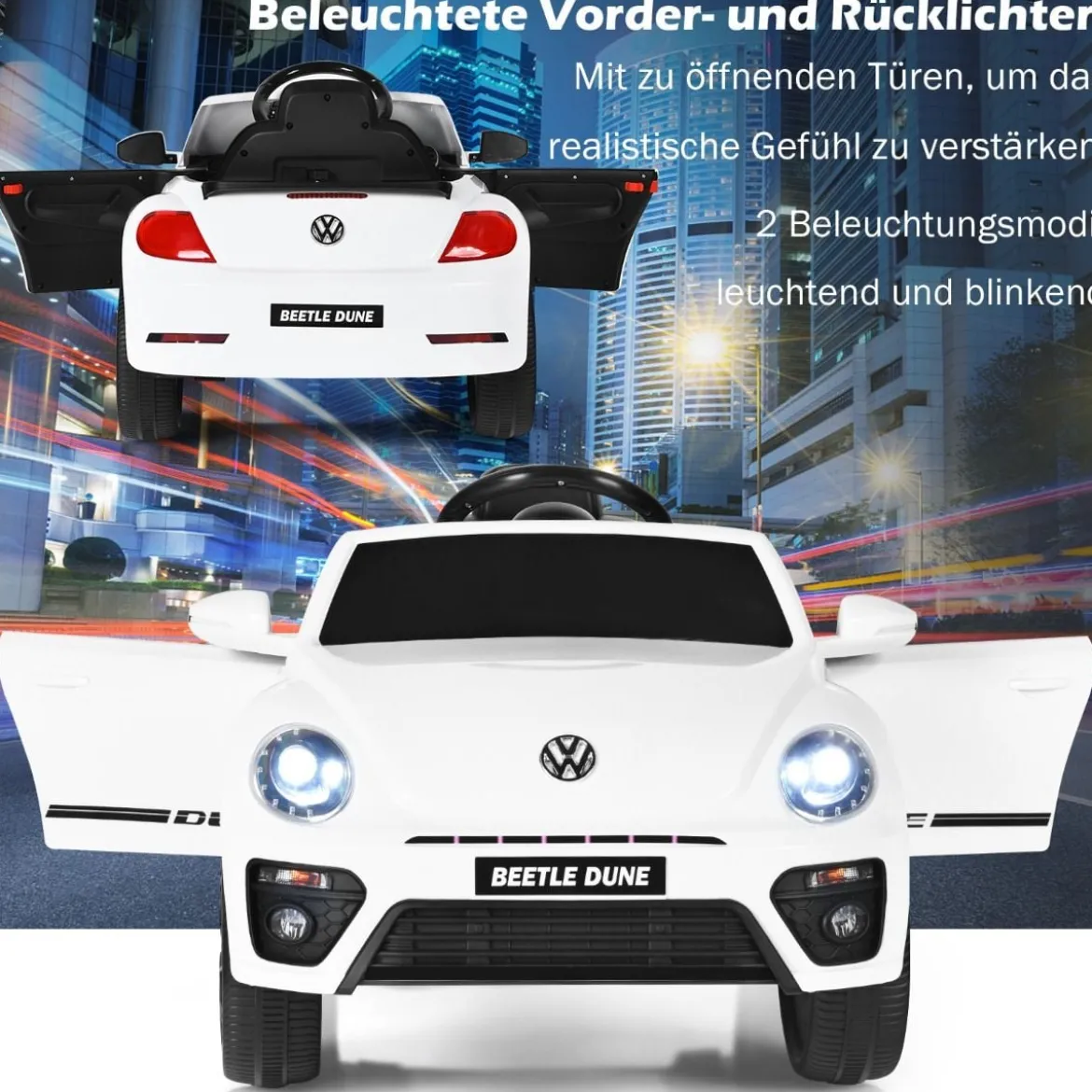 VW Beetle Kinderauto mit Musik & 2 Beleuchtungsmodi inkl. 2,4G Fernbedienung Weiß
