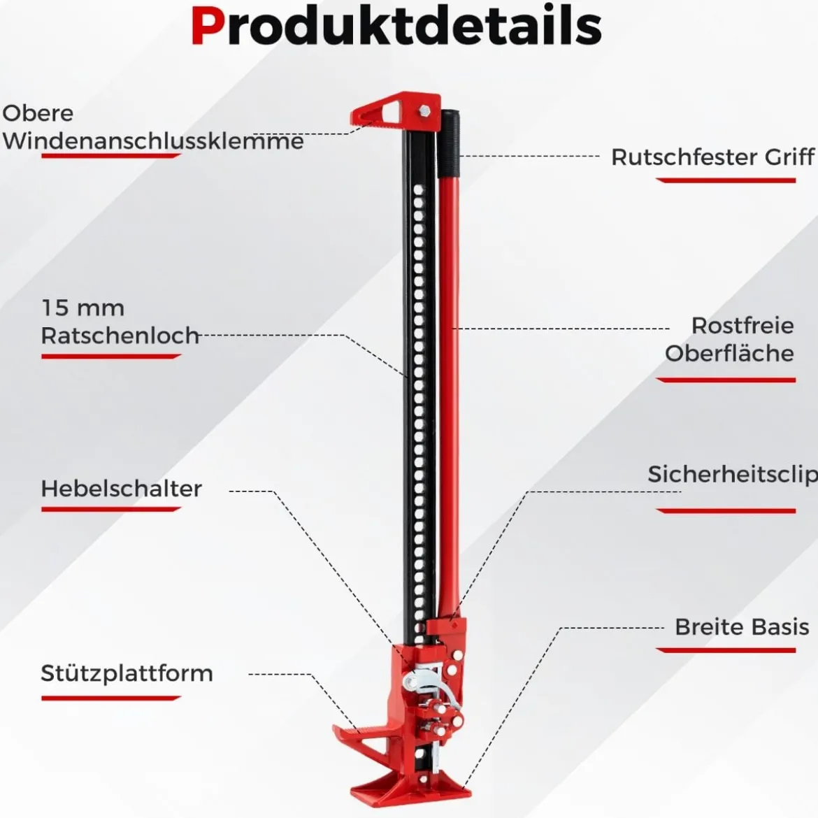 Wagenheber 3T High Lift Allzweckheber Offroad Stockwinde 112 cm Zahnstangenheber Rot