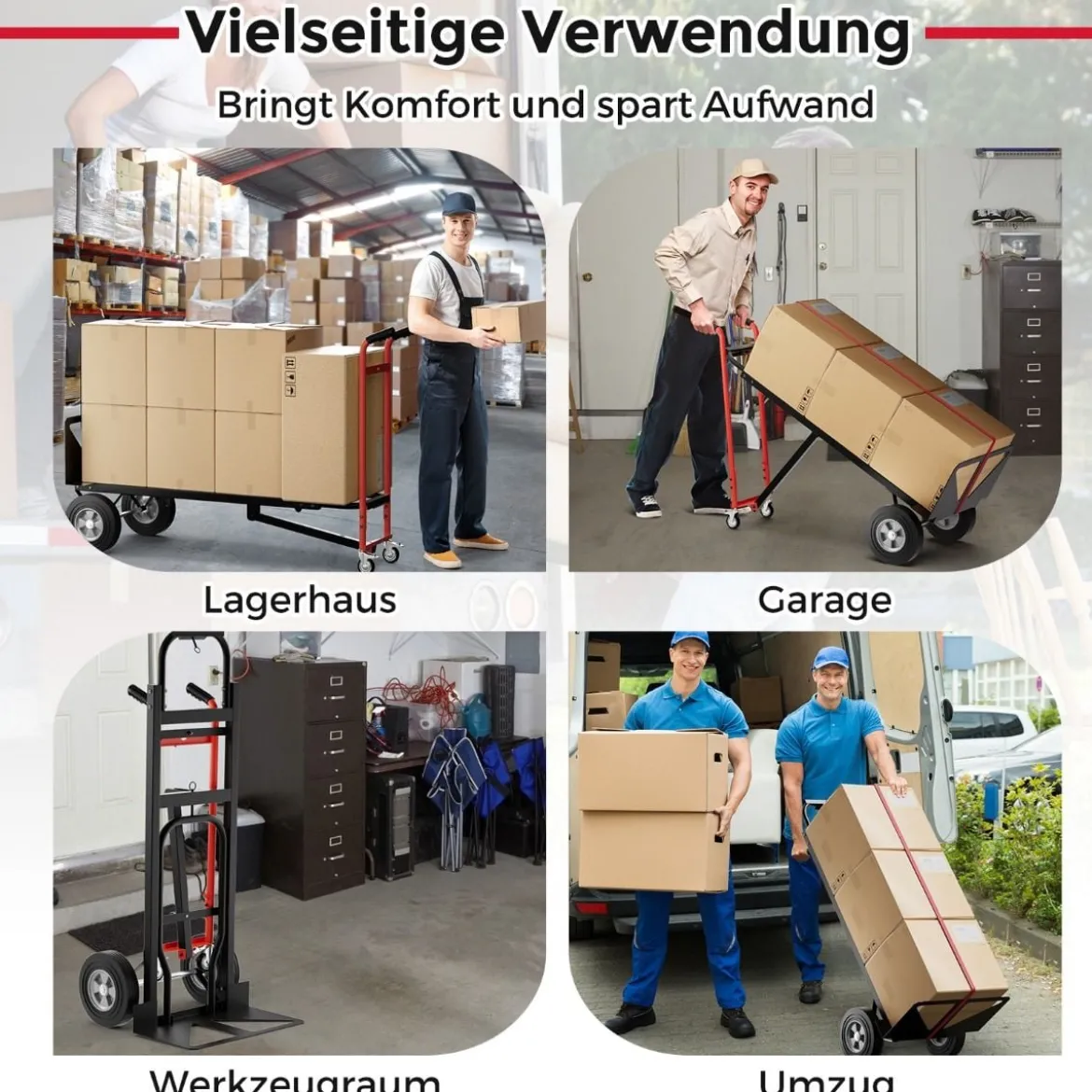 Wandelbarer Handwagen 3-in-1 Metall-Transportwagen mit 4 Gummireifen 450 KG Maximale Traglast Schwarz + Rot