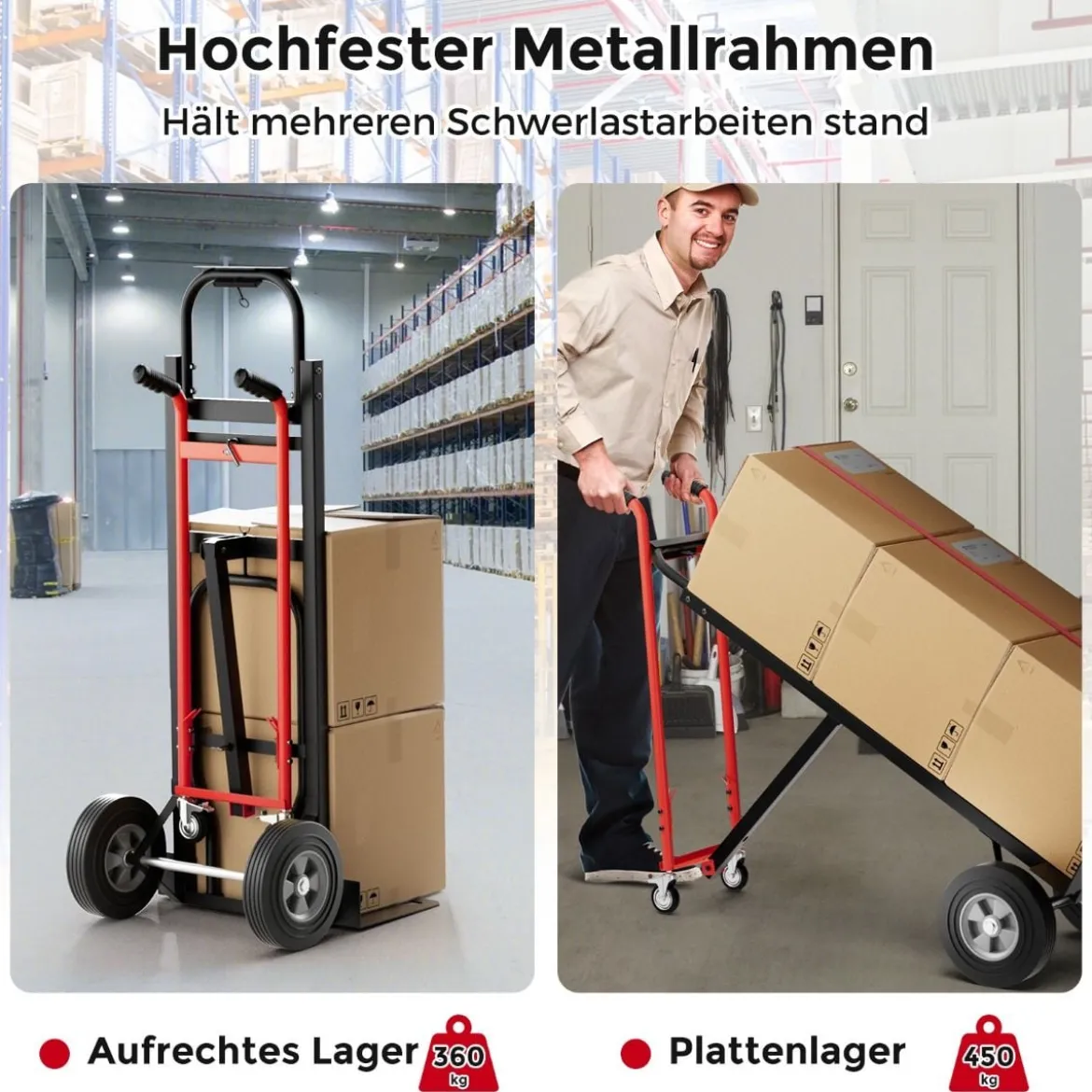 Wandelbarer Handwagen 3-in-1 Metall-Transportwagen mit 4 Gummireifen 450 KG Maximale Traglast Schwarz + Rot