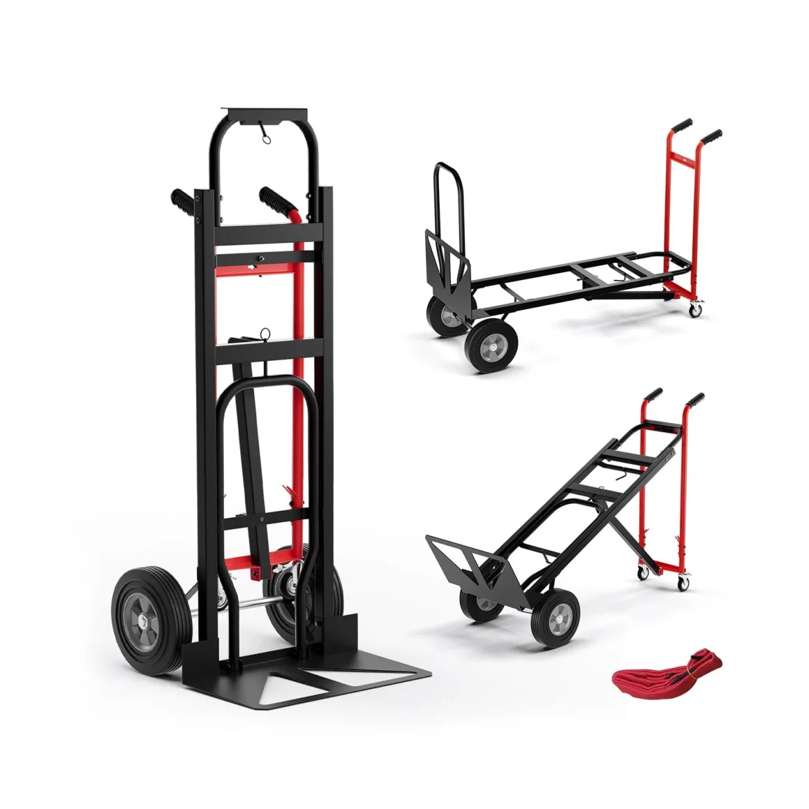 Wandelbarer Handwagen 3-in-1 Metall-Transportwagen mit 4 Gummireifen 450 KG Maximale Traglast Schwarz + Rot
