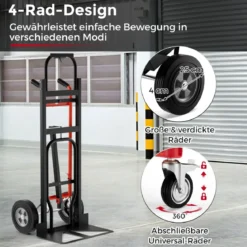 Wandelbarer Handwagen 3-in-1 Metall-Transportwagen mit 4 Gummireifen 450 KG Maximale Traglast Schwarz + Rot