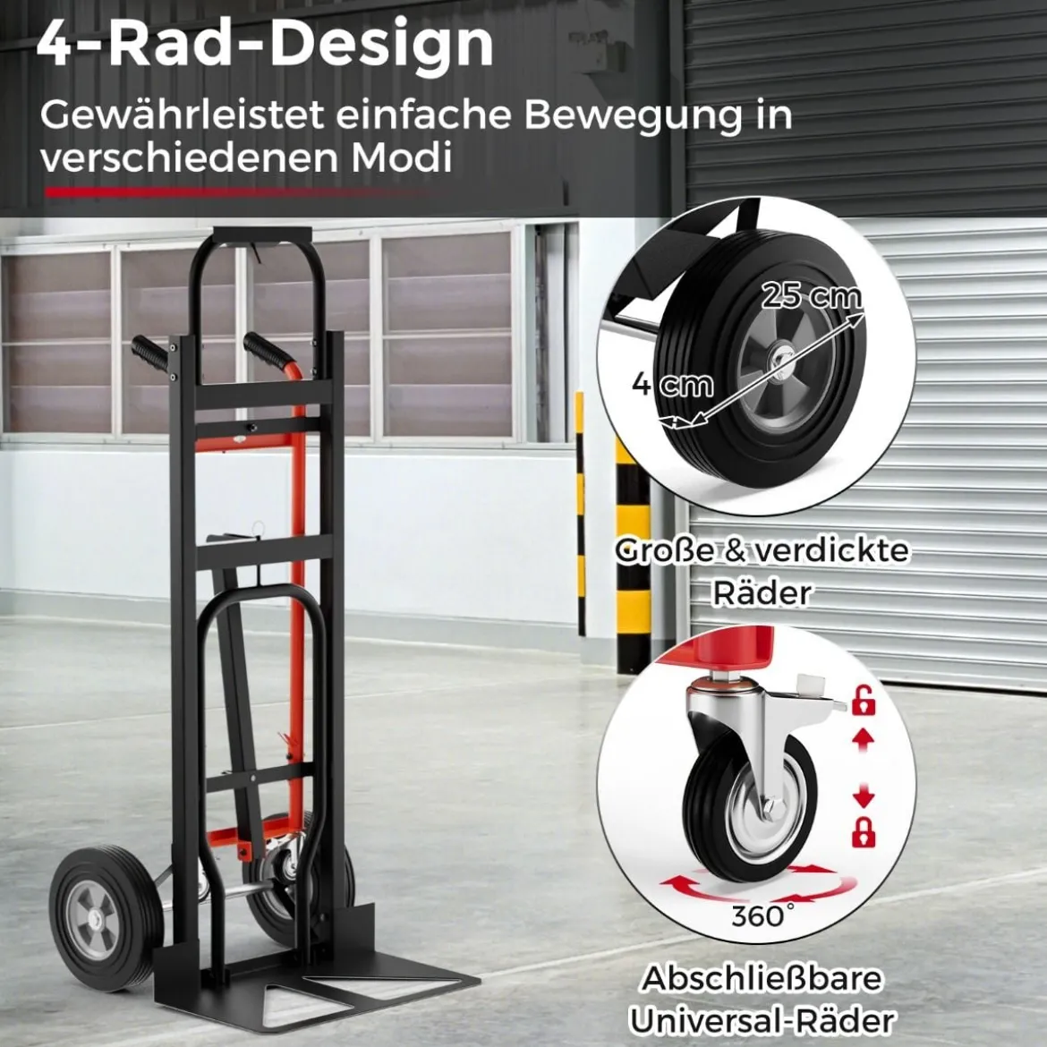 Wandelbarer Handwagen 3-in-1 Metall-Transportwagen mit 4 Gummireifen 450 KG Maximale Traglast Schwarz + Rot
