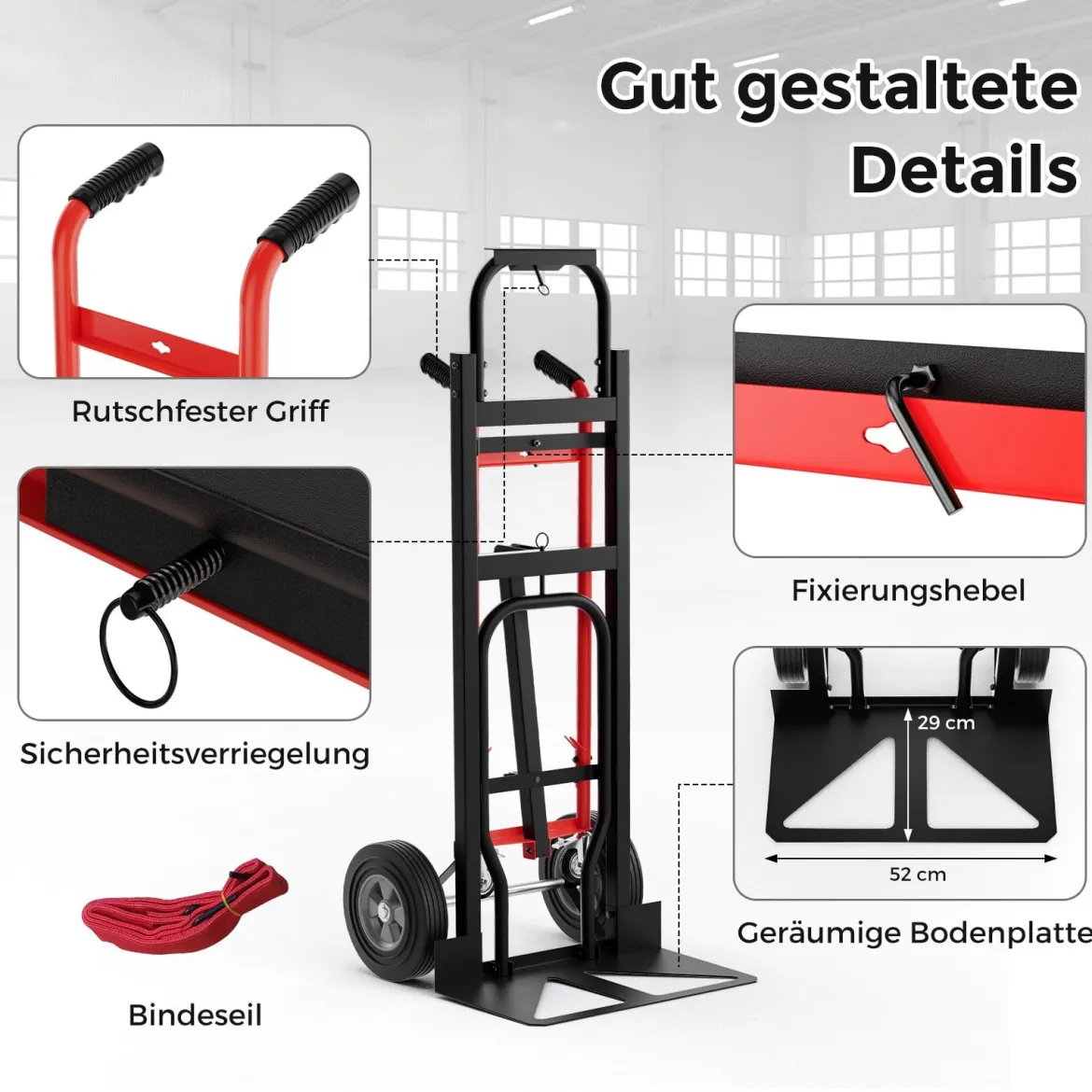 Wandelbarer Handwagen 3-in-1 Metall-Transportwagen mit 4 Gummireifen 450 KG Maximale Traglast Schwarz + Rot
