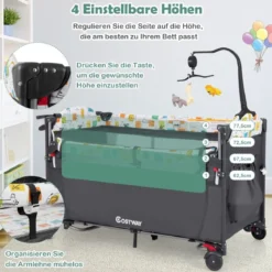 Wandelbares 5-in-1-Babybett mit Wickeltisch & Aufbewahrungstasche Grau