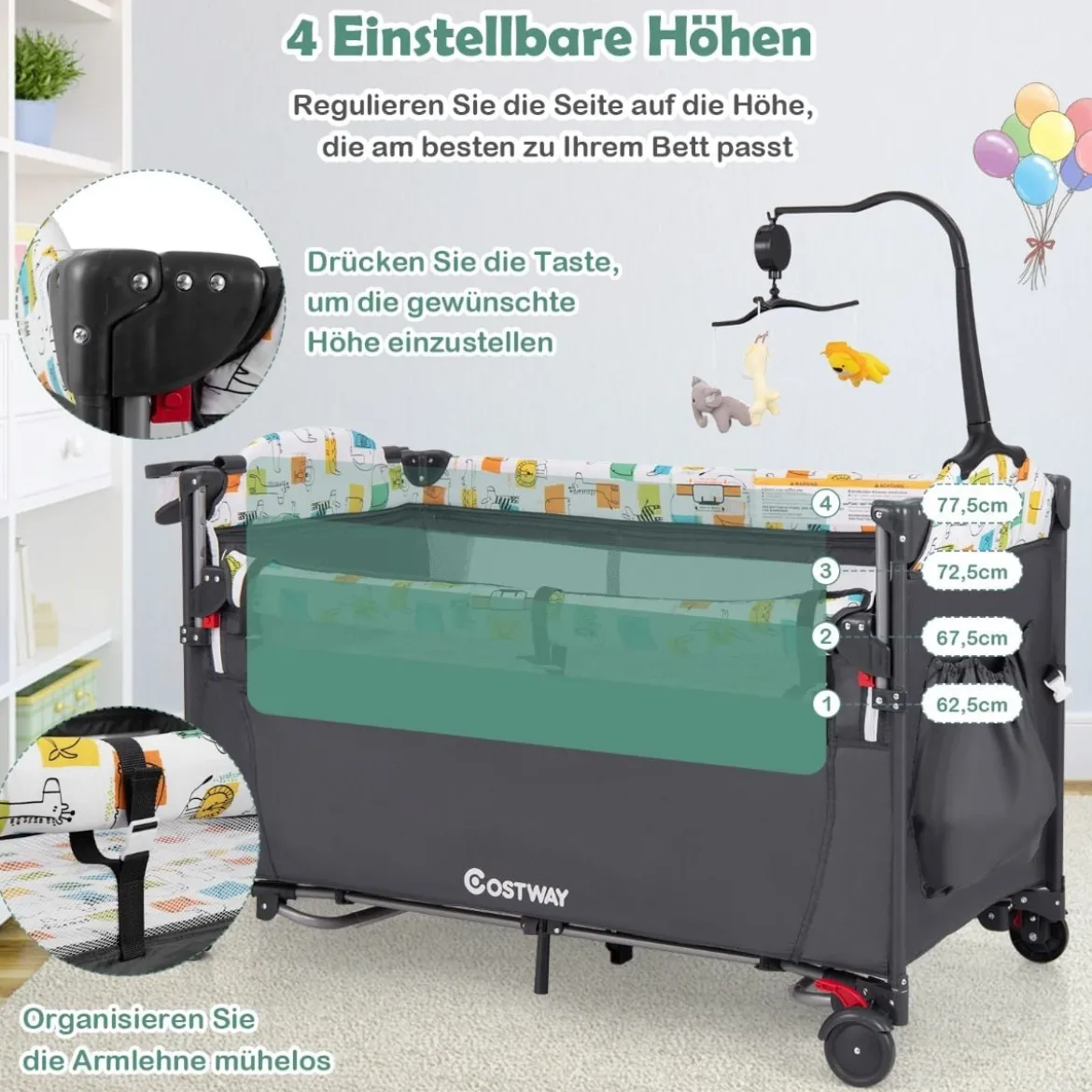 Wandelbares 5-in-1-Babybett mit Wickeltisch & Aufbewahrungstasche Grau