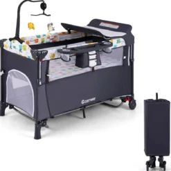 Wandelbares 5-in-1-Babybett mit Wickeltisch & Aufbewahrungstasche Grau