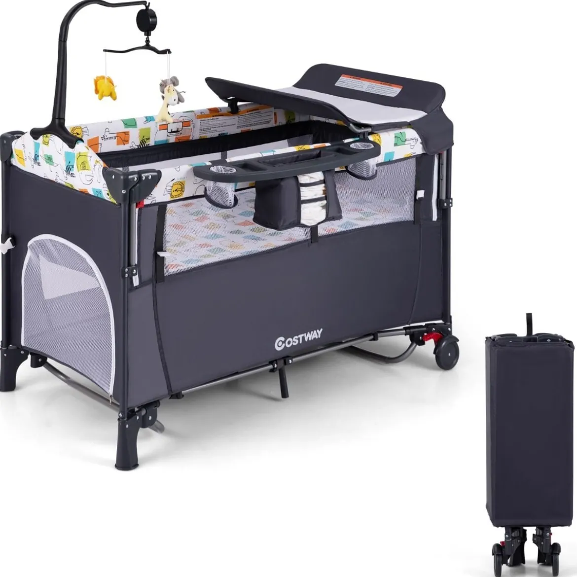 Wandelbares 5-in-1-Babybett mit Wickeltisch & Aufbewahrungstasche Grau