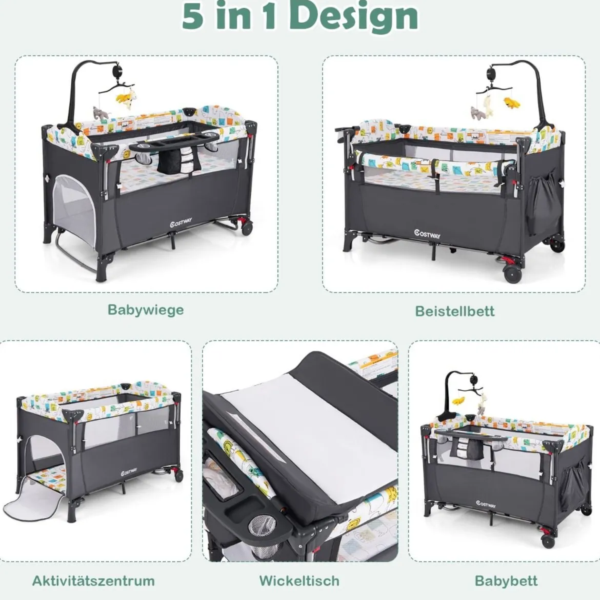 Wandelbares 5-in-1-Babybett mit Wickeltisch & Aufbewahrungstasche Grau