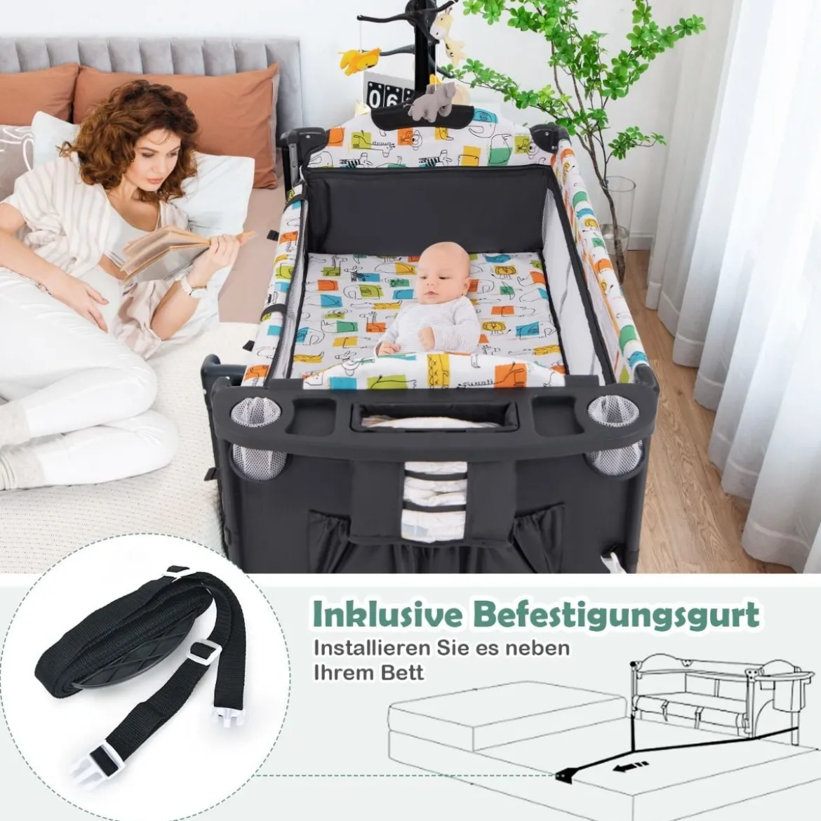 Wandelbares 5-in-1-Babybett mit Wickeltisch & Aufbewahrungstasche Grau
