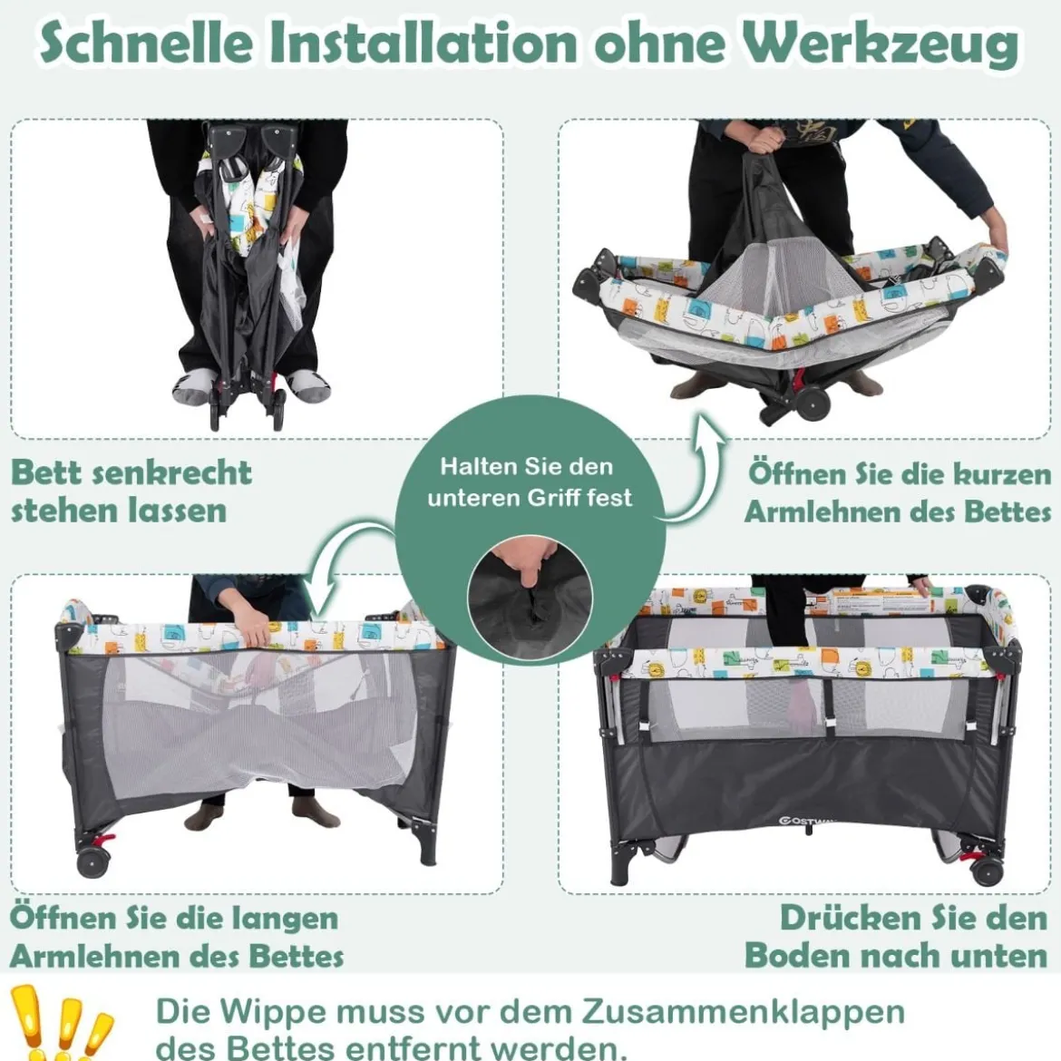 Wandelbares 5-in-1-Babybett mit Wickeltisch & Aufbewahrungstasche Grau