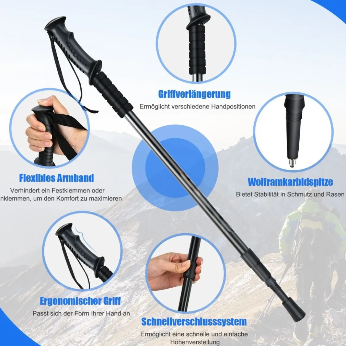 Wanderstöcke Teleskop Trekkingstöcke verstellbar 65-135cm Leichte Nordic Walking Stöcke aus Carbon und Aluminium