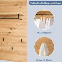 Wandgarderobe Holz Wandregal mit Ablage 5 Kleiderhaken Kleiderstange 105,9 x 80,1 x 27,6 cm