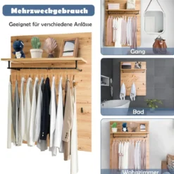 Wandgarderobe Holz Wandregal mit Ablage 5 Kleiderhaken Kleiderstange 105,9 x 80,1 x 27,6 cm