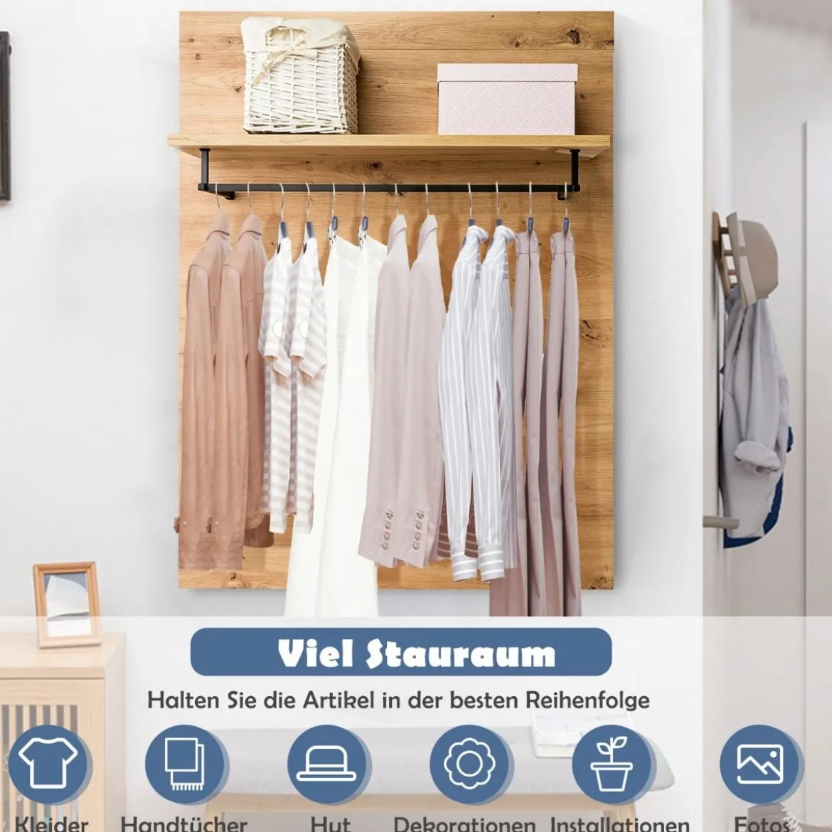 Wandgarderobe Holz Wandregal mit Ablage 5 Kleiderhaken Kleiderstange 105,9 x 80,1 x 27,6 cm