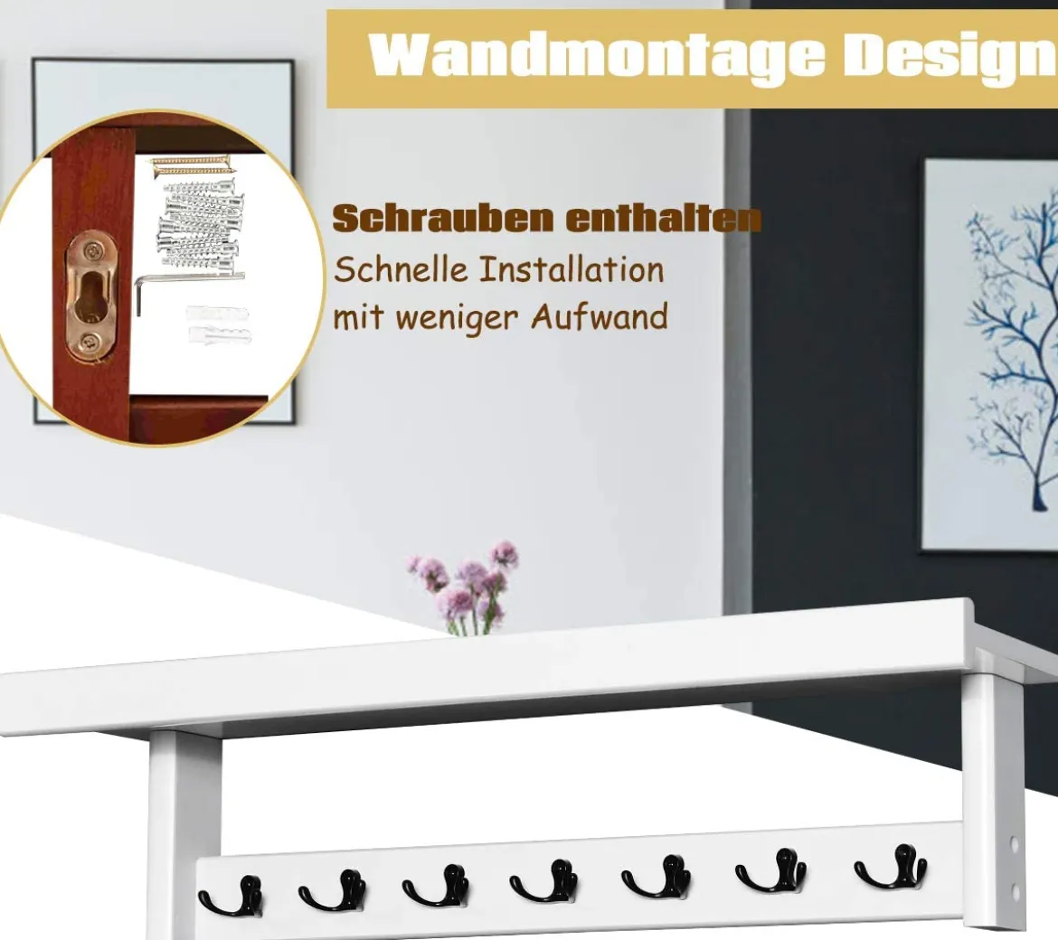 Wandgarderobe mit Ablage Wandregal mit 7 Doppelhaken Hängeregal aus Kautschukholz 80 x 16 x 18 cm Weiß