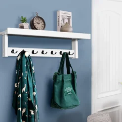 Wandgarderobe mit Ablage Wandregal mit 7 Doppelhaken Hängeregal aus Kautschukholz 80 x 16 x 18 cm Weiß