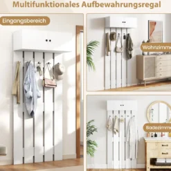 Wandgarderobe mit 5 Doppelhaken & 2-türigem Schrank Wandmontierter Garderobenpaneel Weiß