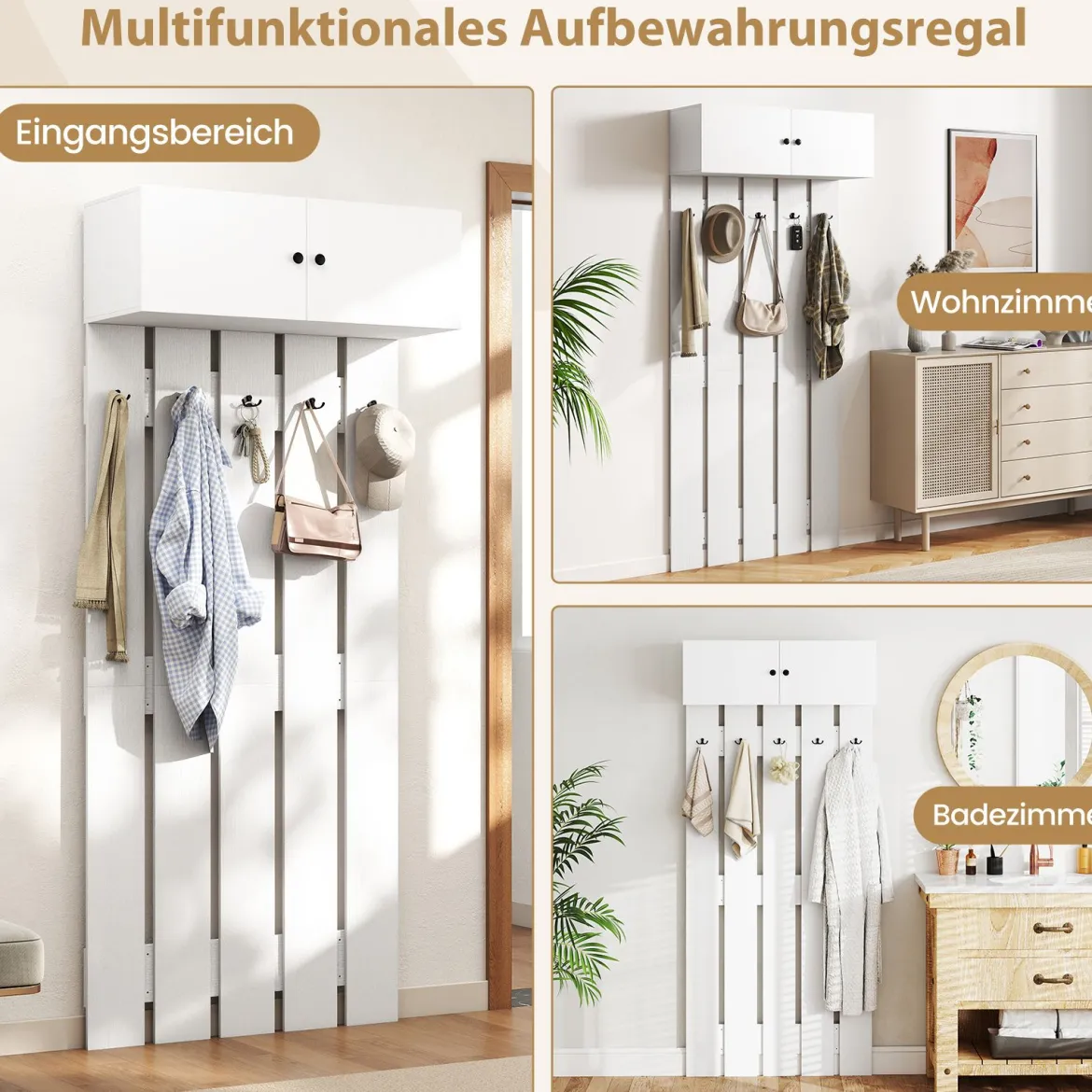 Wandgarderobe mit 5 Doppelhaken & 2-türigem Schrank Wandmontierter Garderobenpaneel Weiß