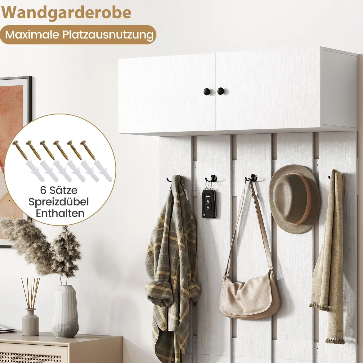 Wandgarderobe mit 5 Doppelhaken & 2-türigem Schrank Wandmontierter Garderobenpaneel Weiß