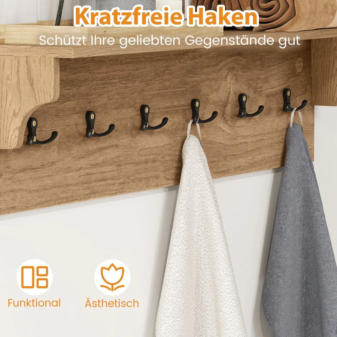 Wandhaken mit Ablage & 6 Haken Holz Garderobe Wandregal für Hüte Handtücher Taschen Natur