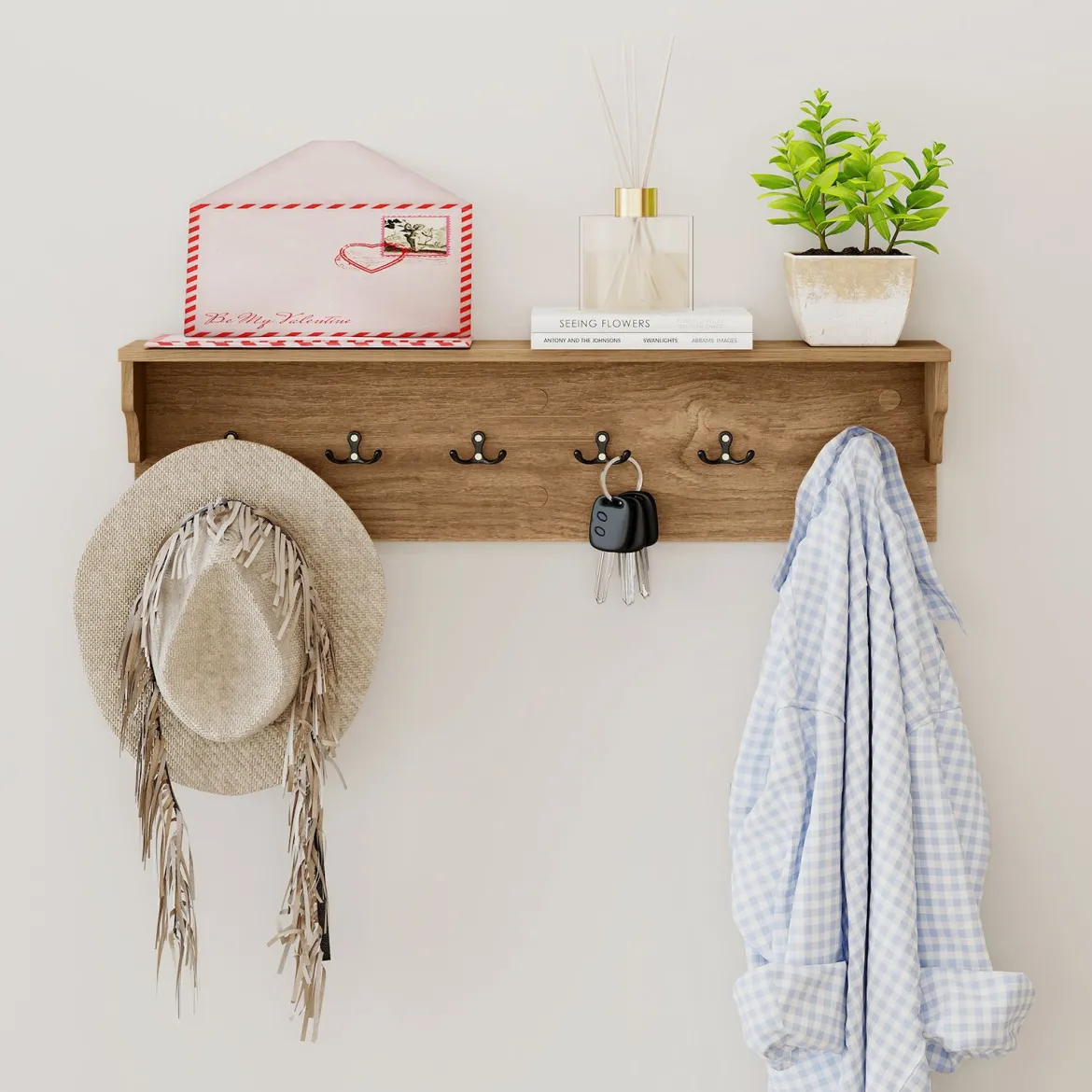 Wandhaken mit Ablage & 6 Haken Holz Garderobe Wandregal für Hüte Handtücher Taschen Natur