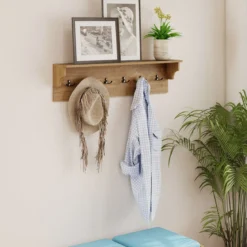 Wandhaken mit Ablage & 6 Haken Holz Garderobe Wandregal für Hüte Handtücher Taschen Natur