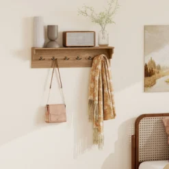 Wandhaken mit Ablage & 6 Haken Holz Garderobe Wandregal für Hüte Handtücher Taschen Natur