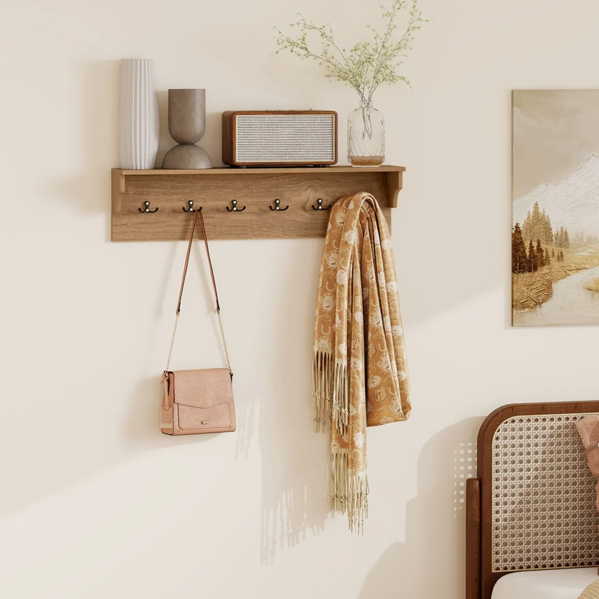 Wandhaken mit Ablage & 6 Haken Holz Garderobe Wandregal für Hüte Handtücher Taschen Natur