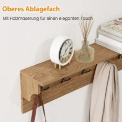 Wandhaken mit Ablage & 6 Haken Holz Garderobe Wandregal für Hüte Handtücher Taschen Natur