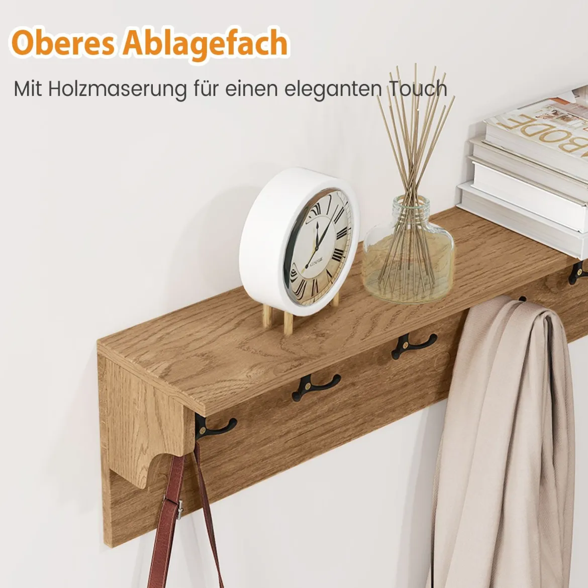 Wandhaken mit Ablage & 6 Haken Holz Garderobe Wandregal für Hüte Handtücher Taschen Natur
