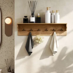 Wandhaken mit Ablage & 6 Haken Holz Garderobe Wandregal für Hüte Handtücher Taschen Natur