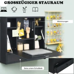 Wandklapptisch mit Ablagefächern & Schublade Klapptisch für Kleine Räume Schwarz