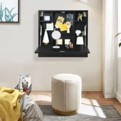 Wandklapptisch mit Ablagefächern & Schublade Klapptisch für Kleine Räume Schwarz