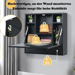 Wandklapptisch mit Ablagefächern & Schublade Klapptisch für Kleine Räume Schwarz