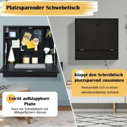 Wandklapptisch mit Ablagefächern & Schublade Klapptisch für Kleine Räume Schwarz