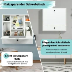 Wandklapptisch mit Ablagefächern & Schublade Klapptisch für Kleine Räume Weiß