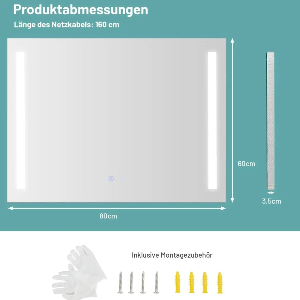 Wandmontierbarer LED-Spiegel mit stufenlos einstellbarer Helligkeit 80 x 60 cm