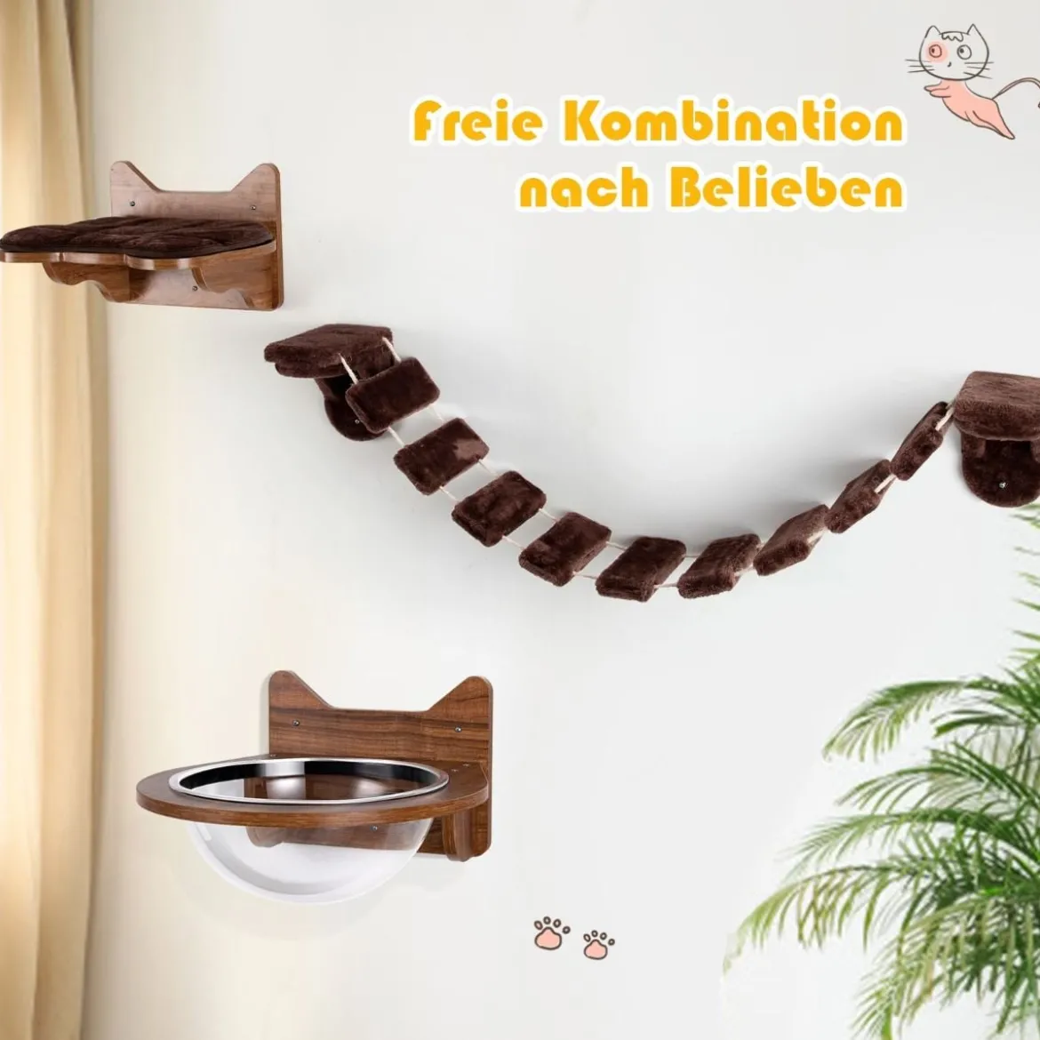 Wandmontierbares Katzen-Klettergerüst hölzernes Katzenbett Katzenbrücke Braun