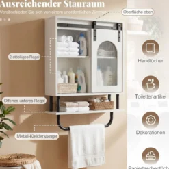 Wandmontierter Badschrank mit Handtuchhalter & Offener Ablage Hängeschrank Weiß