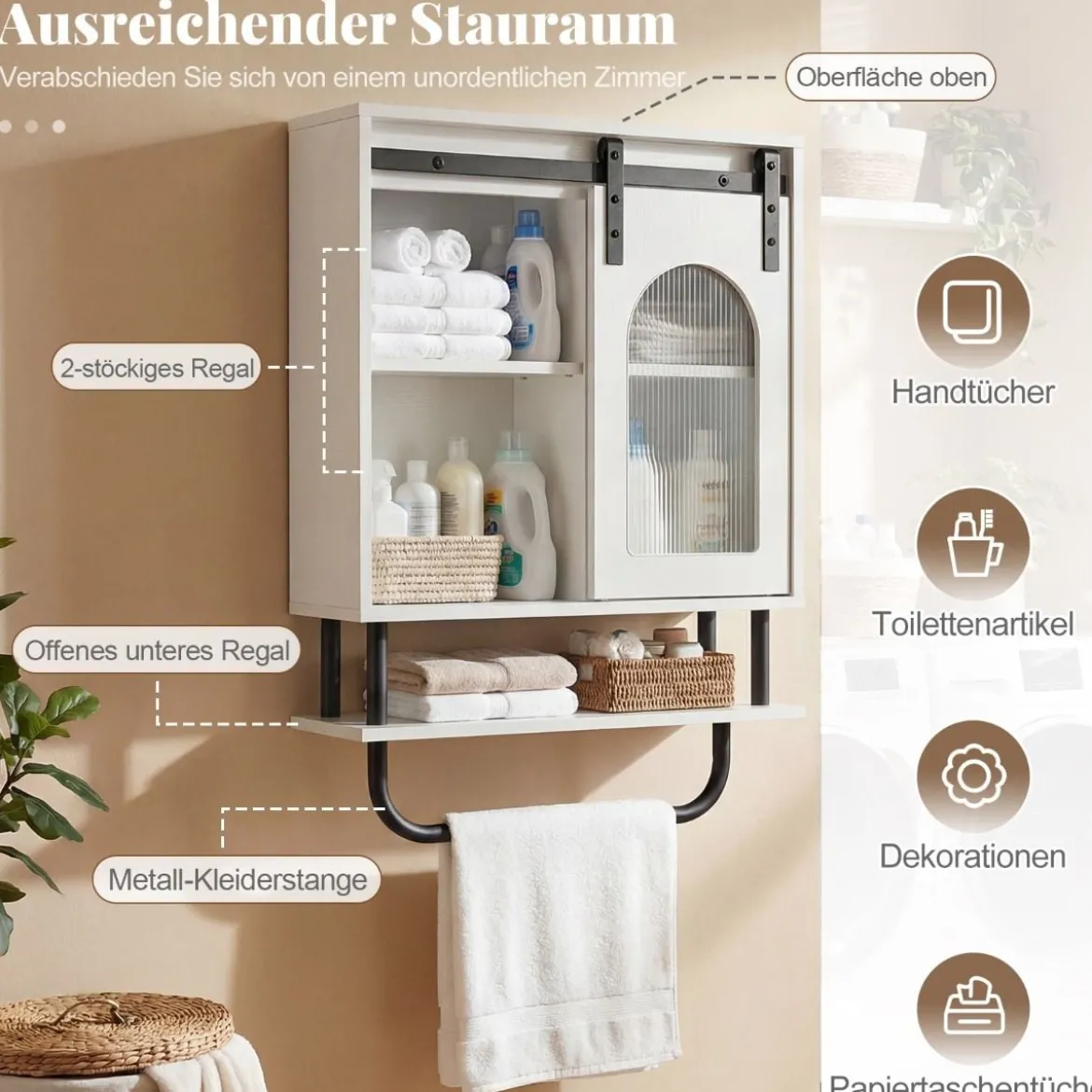 Wandmontierter Badschrank mit Handtuchhalter & Offener Ablage Hängeschrank Weiß