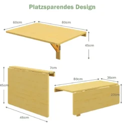 Wandmontierter Klapptisch platzsparender herunterklappbarer Laptop-Arbeitsplatz 80 cm x 60 cm Natur
