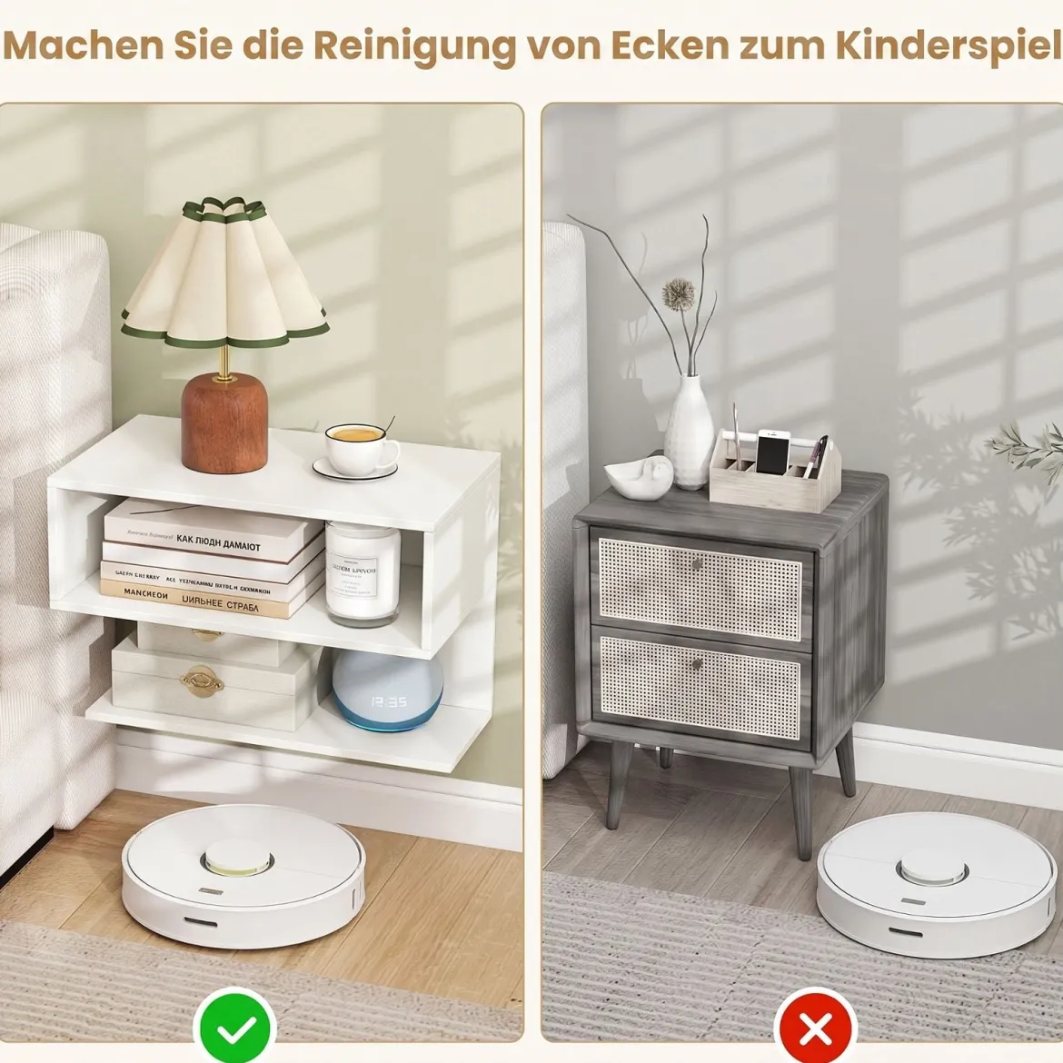 Wandmontierter Nachttisch Hängender Nachtschrank aus Holz mit 2 Offenen Fächern Weiß