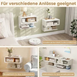 Wandmontierter Nachttisch Hängender Nachtschrank aus Holz mit 2 Offenen Fächern Weiß