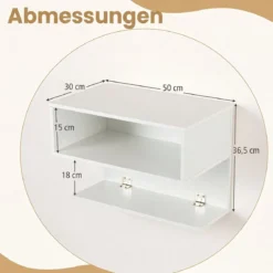 Wandmontierter Nachttisch Hängender Nachtschrank aus Holz mit 2 Offenen Fächern Weiß