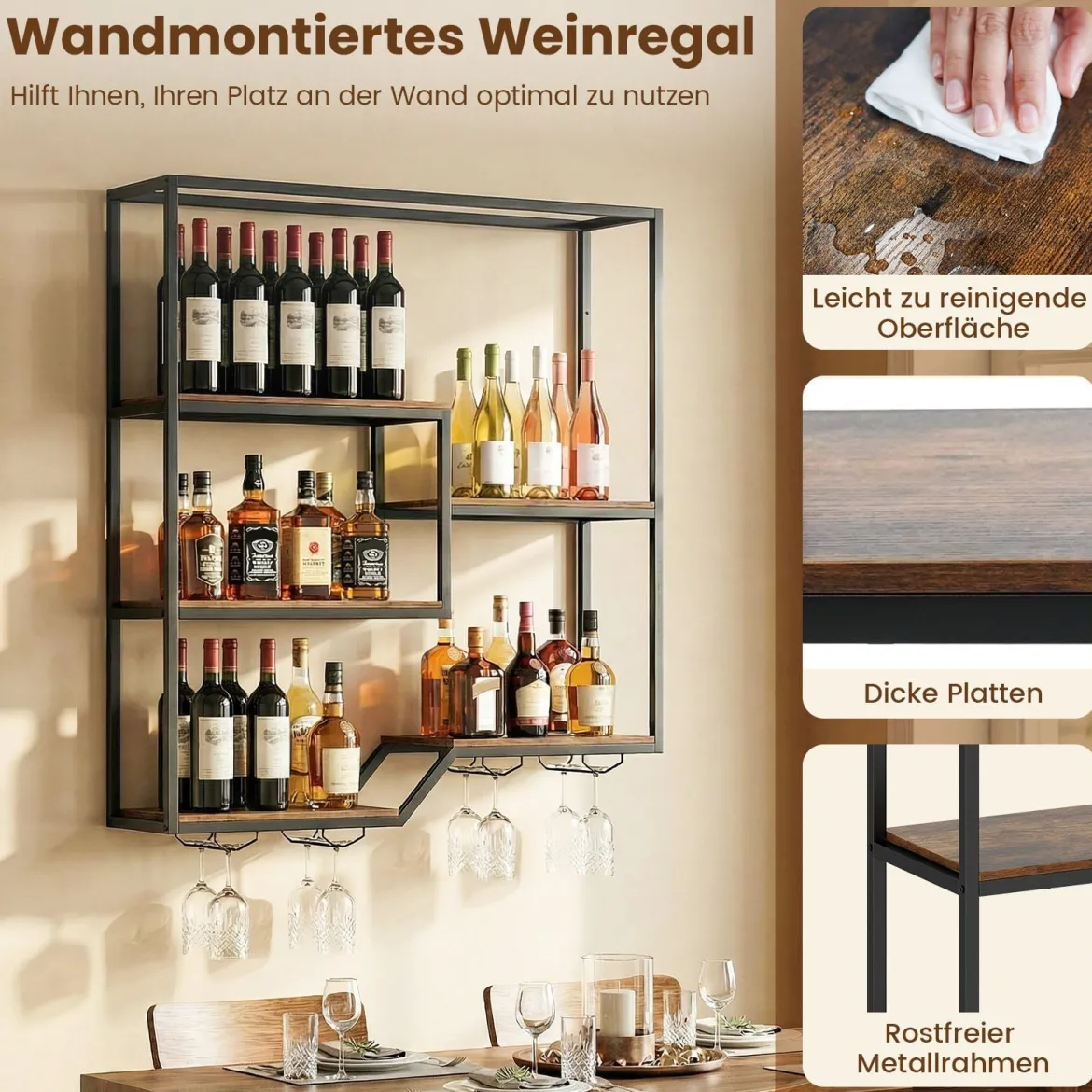 Wandmontierter Weinregal mit Flaschen- & Glasablage 6-stöckiges Hängeregal Rustikal Braun