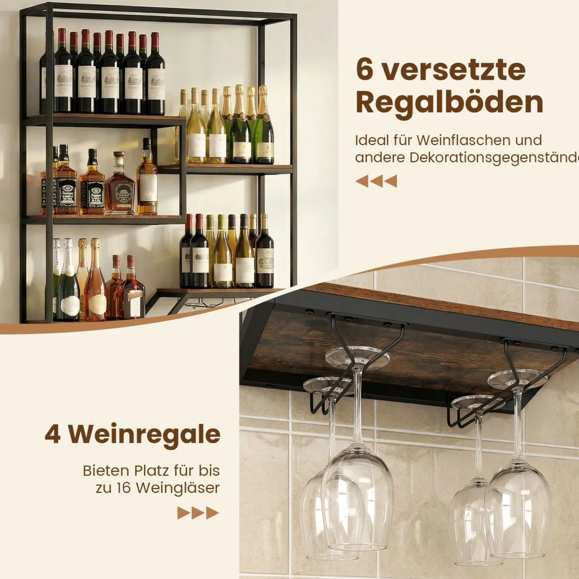 Wandmontierter Weinregal mit Flaschen- & Glasablage 6-stöckiges Hängeregal Rustikal Braun