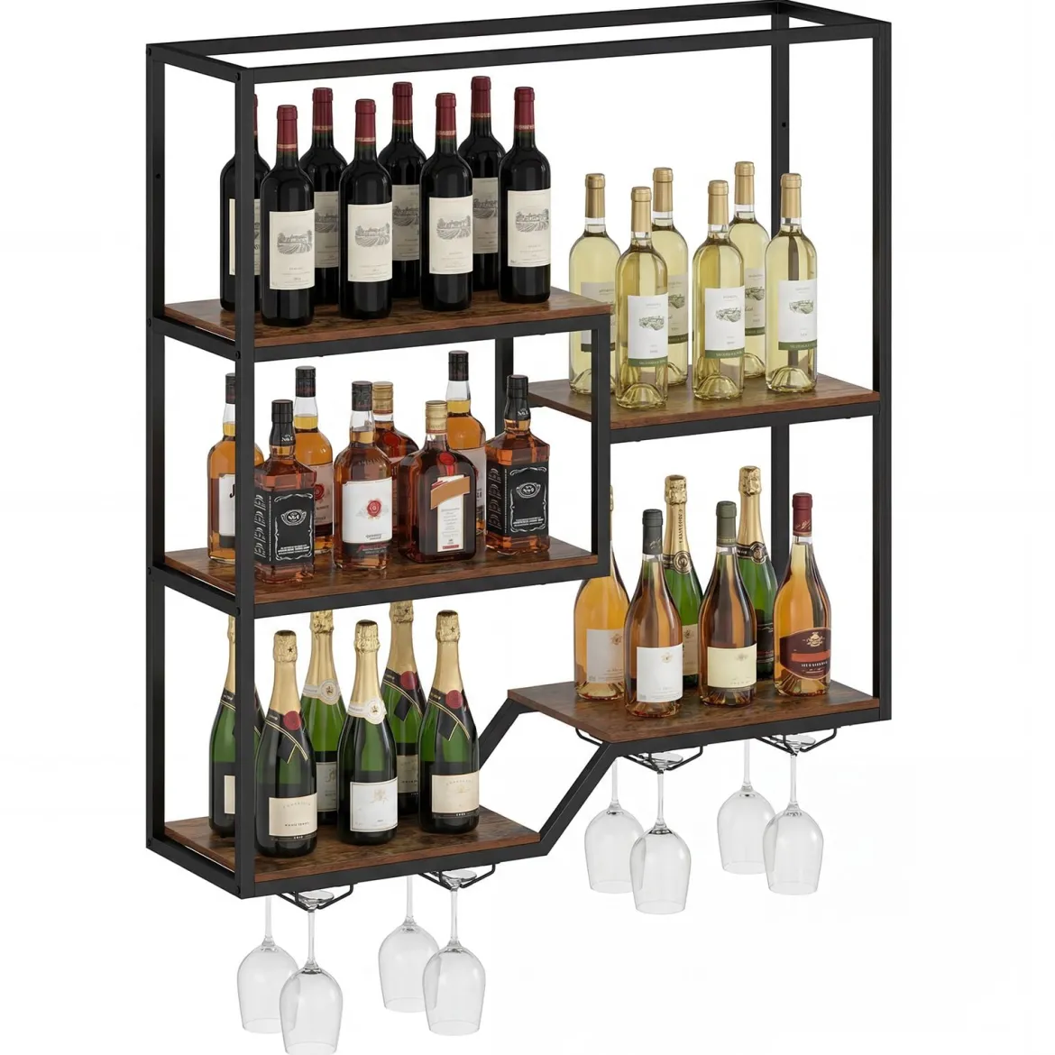 Wandmontierter Weinregal mit Flaschen- & Glasablage 6-stöckiges Hängeregal Rustikal Braun