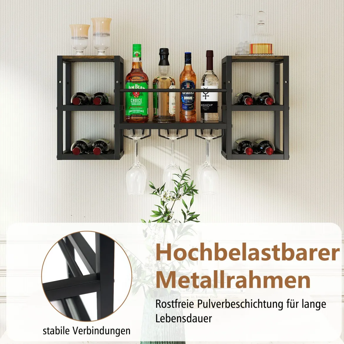 Wandmontiertes Weinregal mit Glashalter Schwerlast-Metallrahmen 8-Flaschen-Halter mit offenem Regal Rustikales Braun