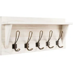 Wandregal Kleiderhakenleiste Wandgarderobe mit 5 Haken & Ablage 61 x 8 x 25,5 cm Weiß